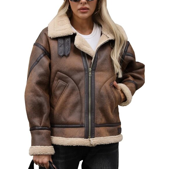 Jackets & Blazers - Women brown LY VAREY LIN Faux Leather Sherpa Aviator Bomber Jacket